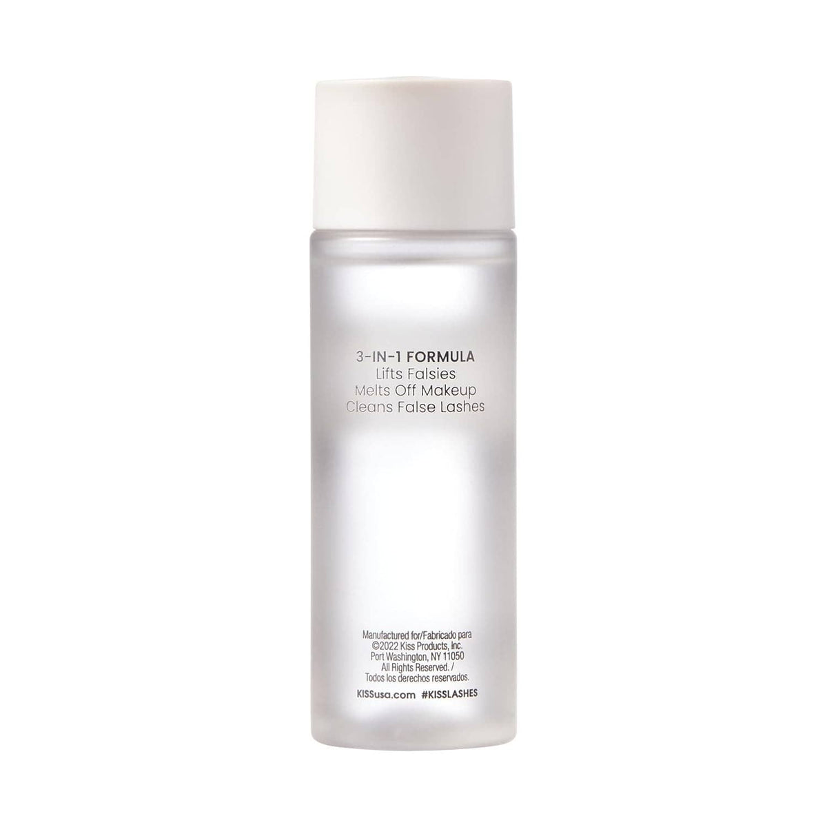Lash Purify 3-in-1 eye makeup remover bottle with clear label on frosted plastic
