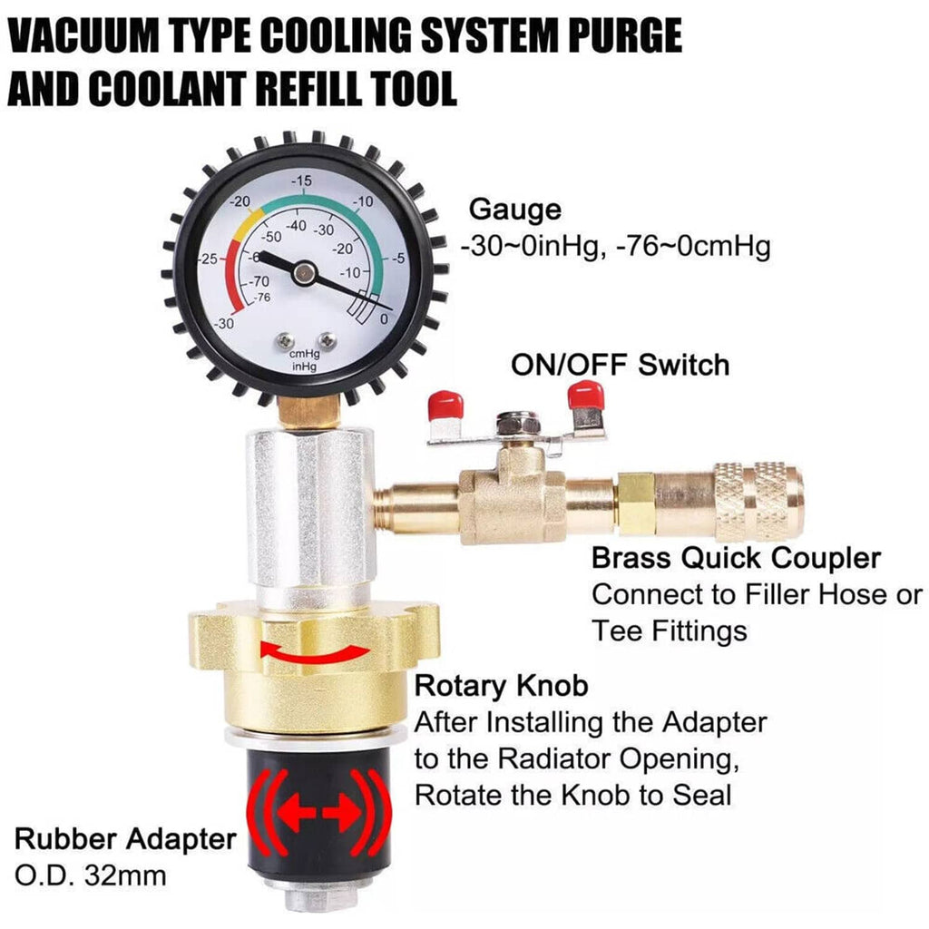 Vacuum coolant purge and refill tool with pressure gauge, rotary knob, and rubber adapter