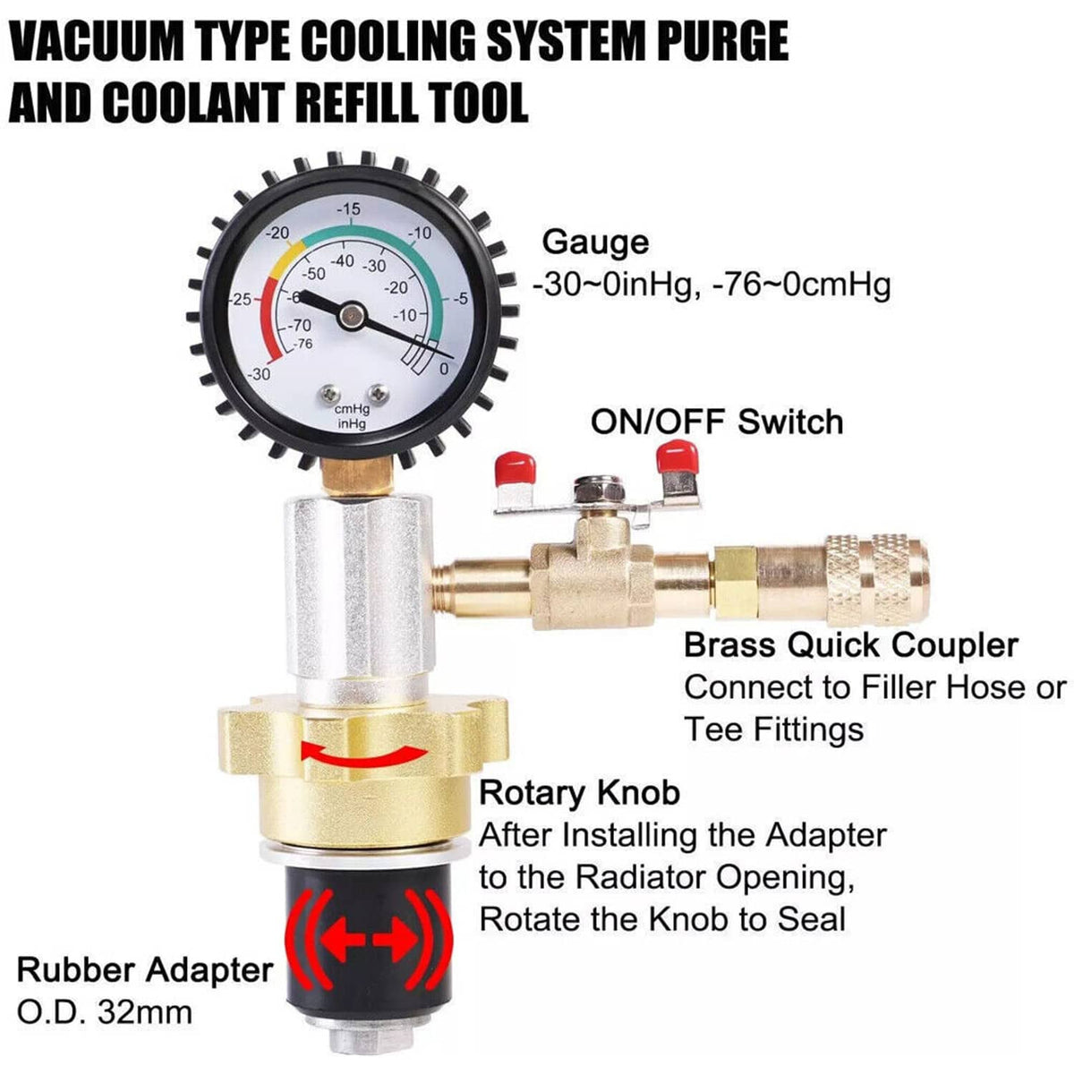 Vacuum coolant purge and refill tool with pressure gauge, rotary knob, and rubber adapter