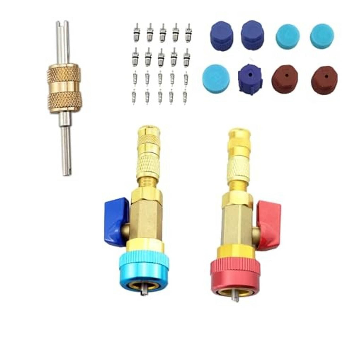 Valve core removal tool kit with two brass tools, colored caps, and removed cores