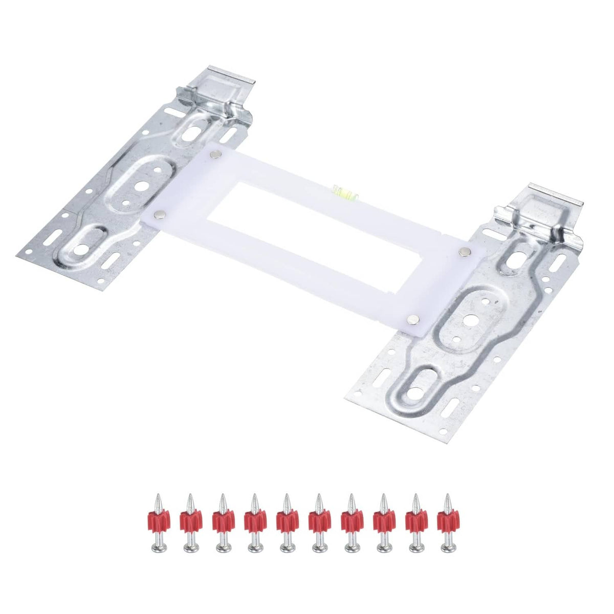 Silver air conditioner wall mounting bracket kit with red fasteners and screws