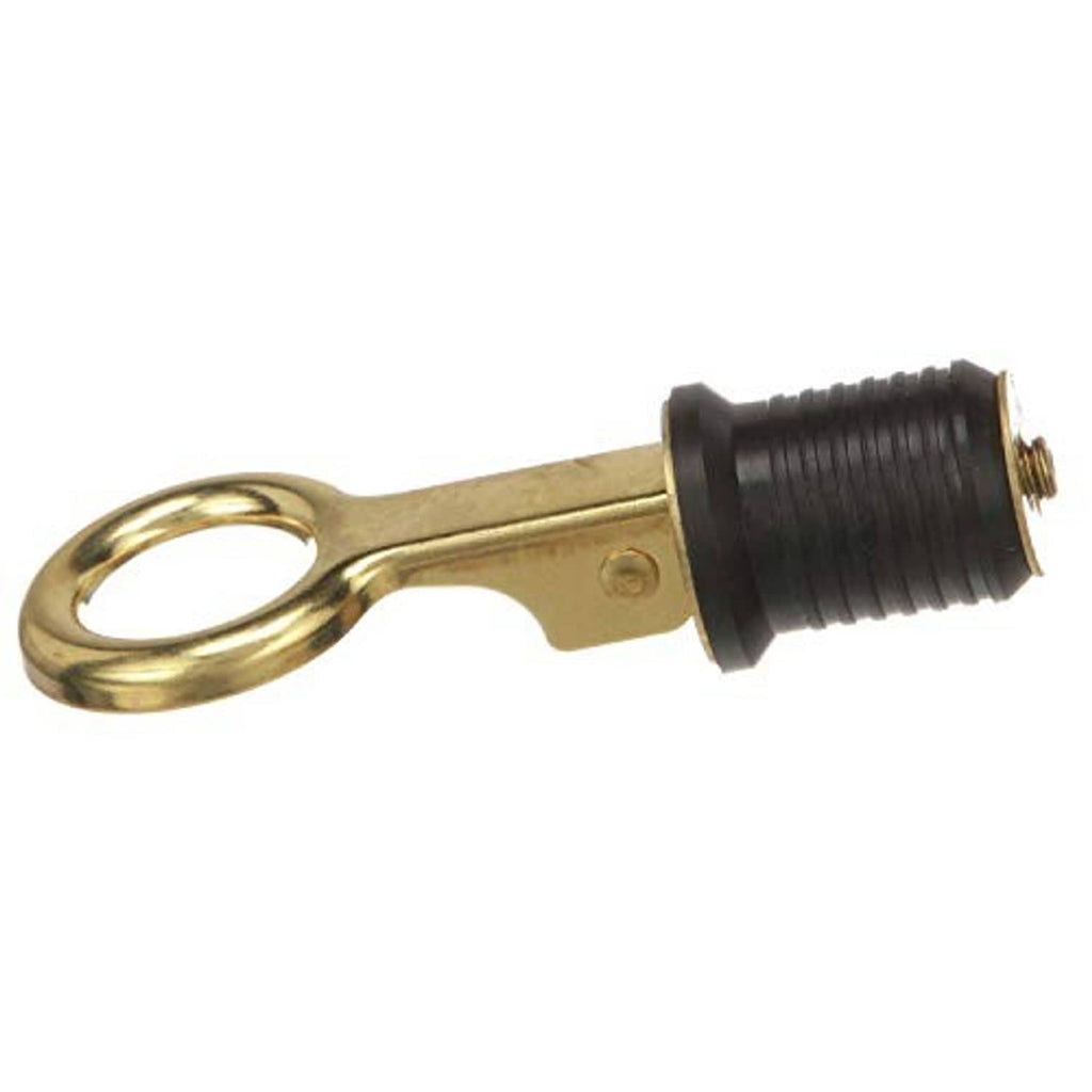 Brass snap-handle drain plug with black ribbed rubber and threaded stem