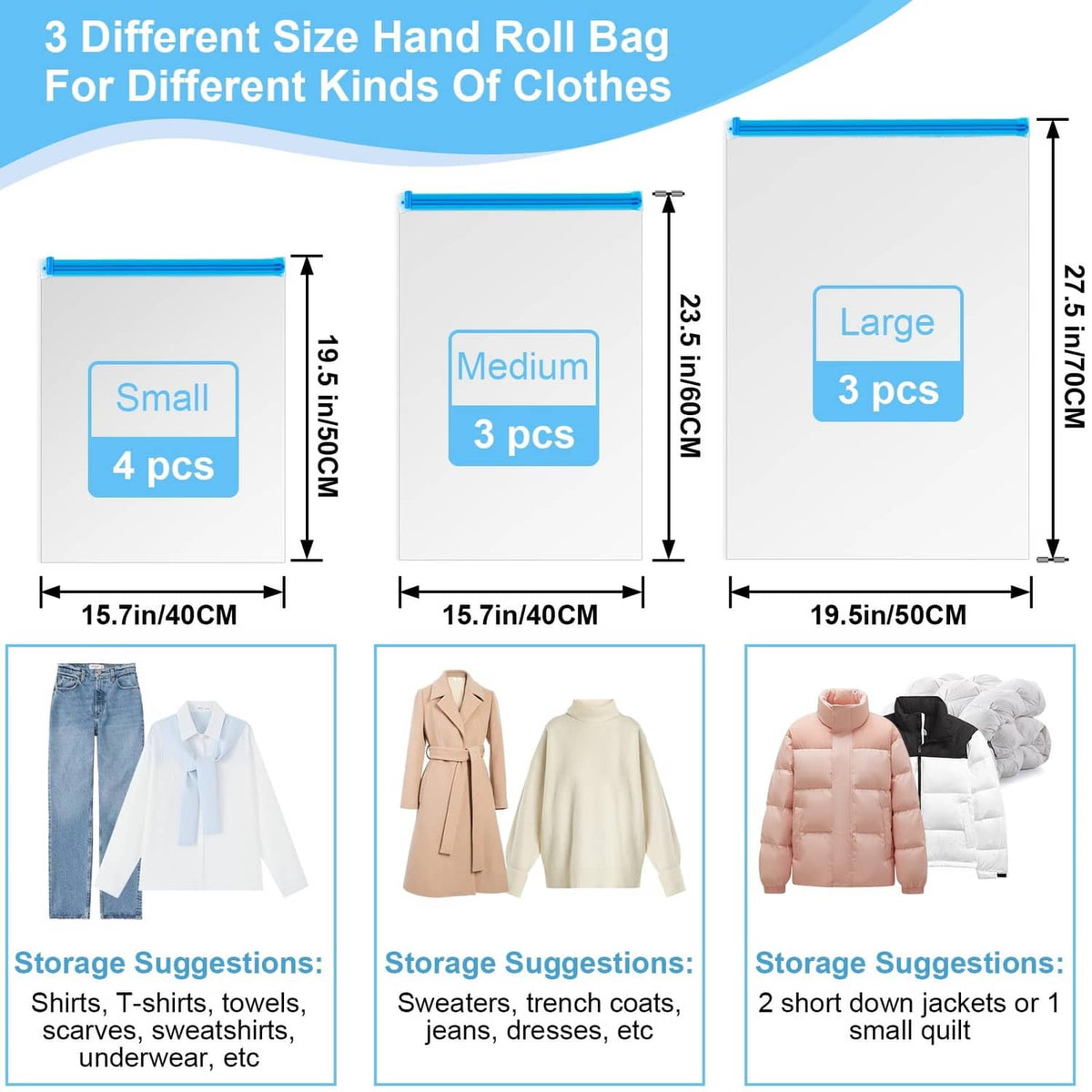 Three sizes of gray hand-roll compression bags: small, medium, large (3 pcs each)