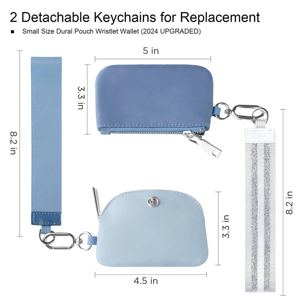 Mini dual pouch wristlet with light blue pouch, dark blue pouch, and striped wrist strap