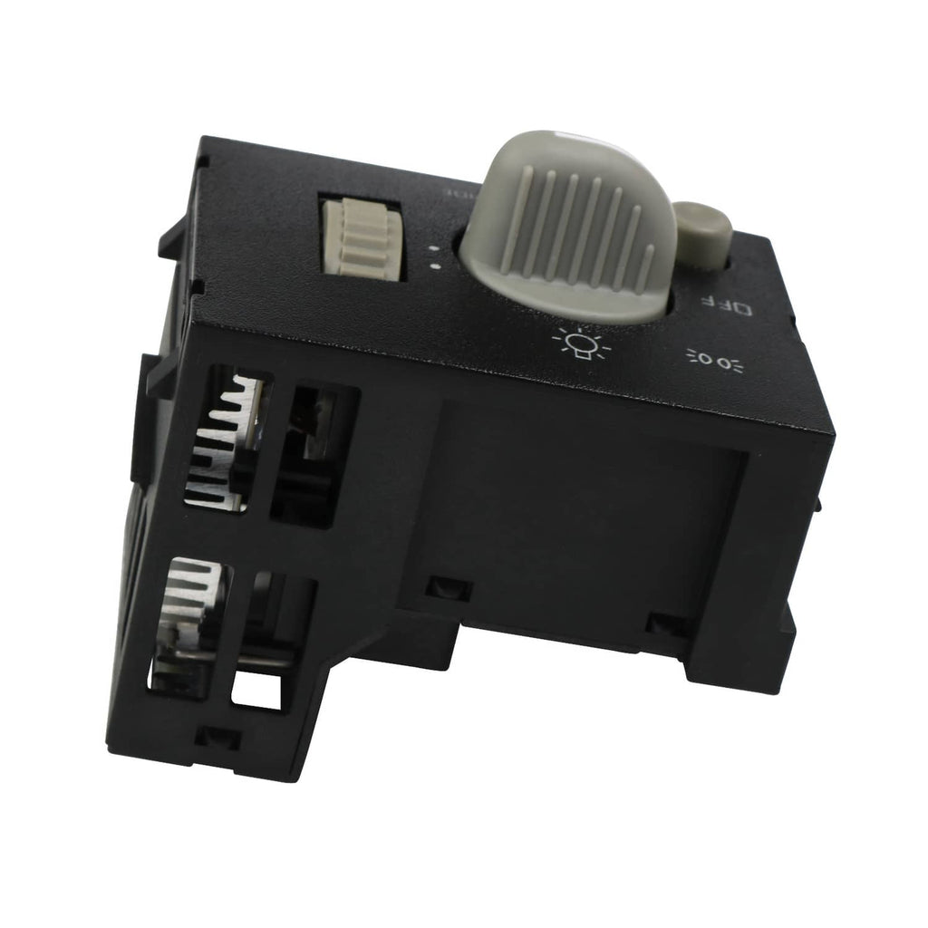 Black dash headlight switch angled view showing gray dome override and light markings