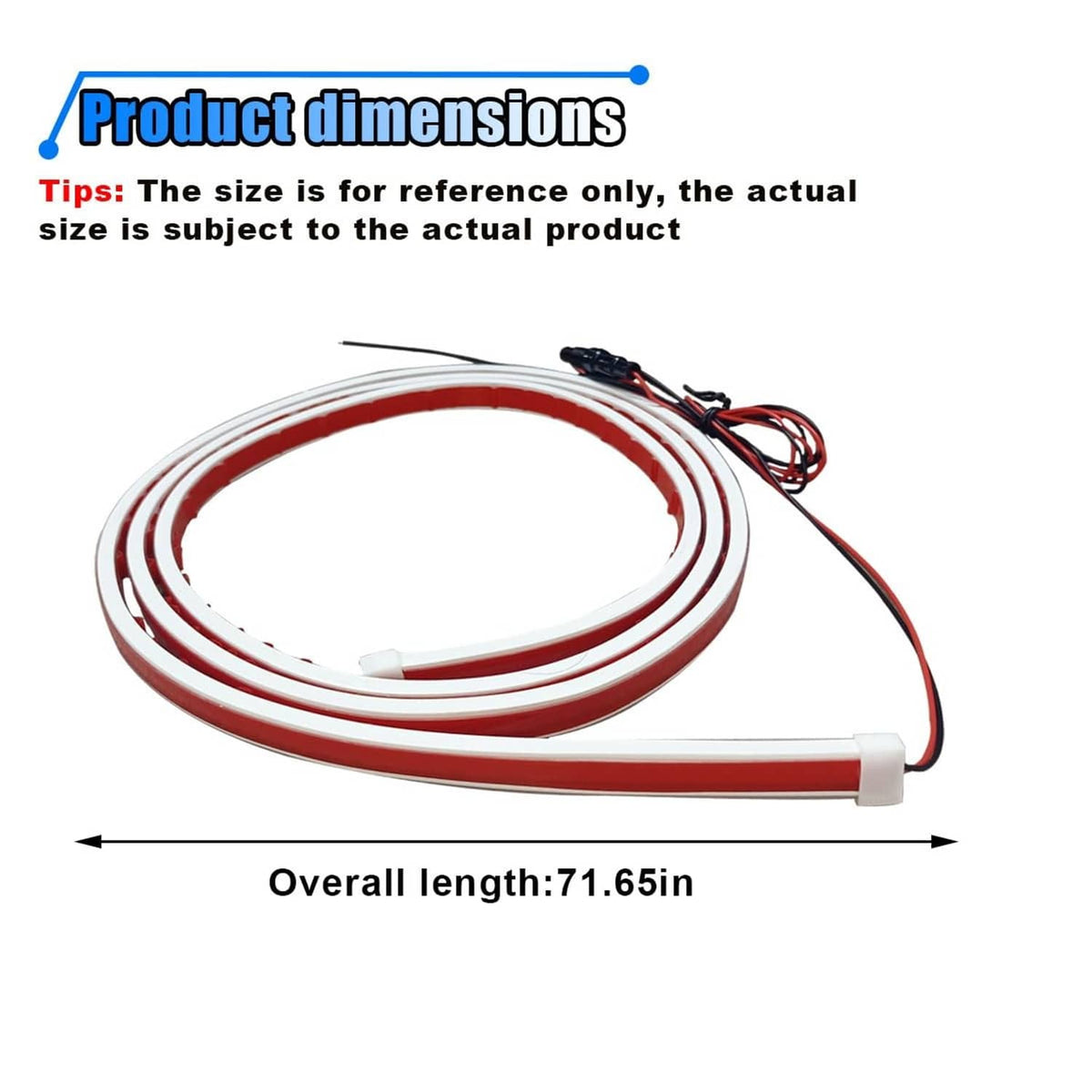 Coiled white LED hood light strip with red and black wiring