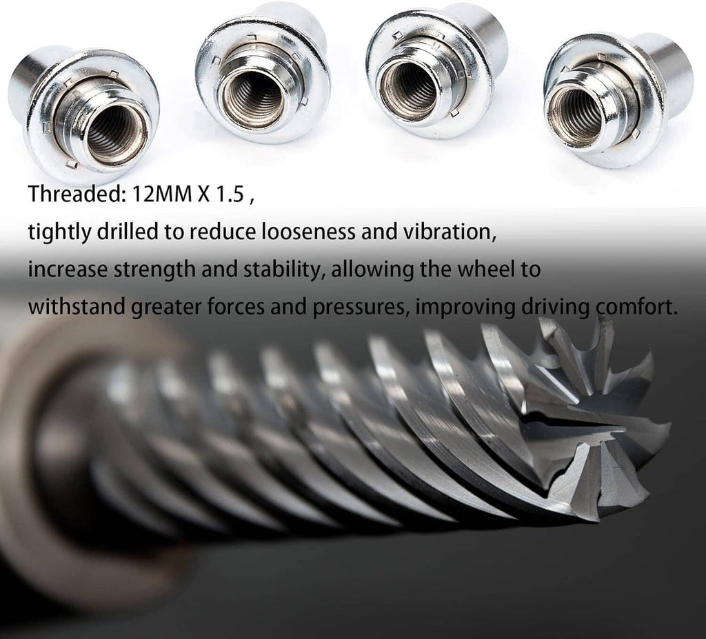 Chrome wheel lock lug nuts set with threaded openings, angled views for fitment