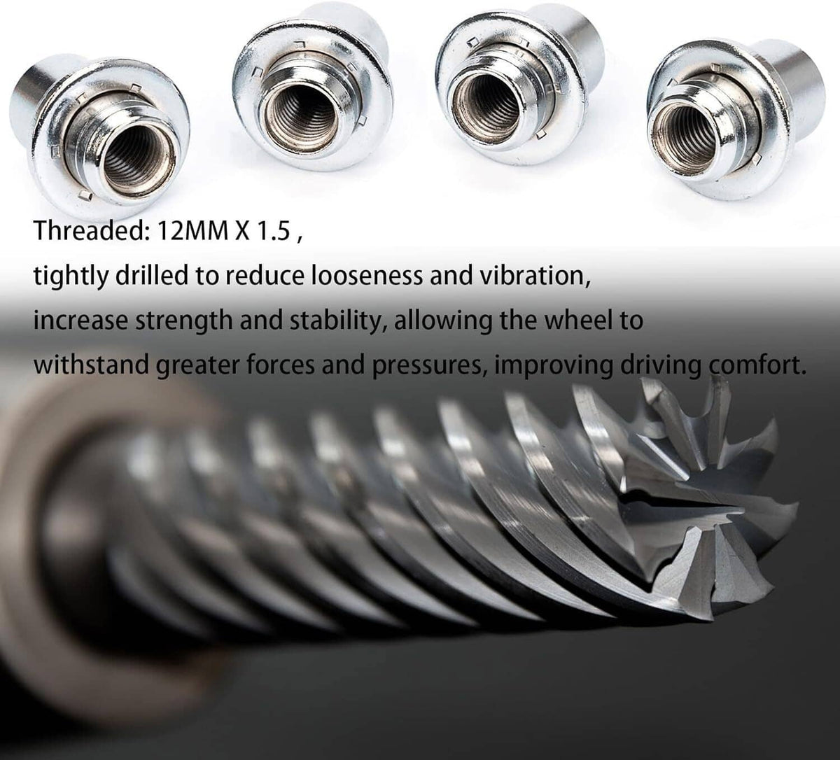 Chrome wheel lock lug nuts set with threaded openings, angled views for fitment