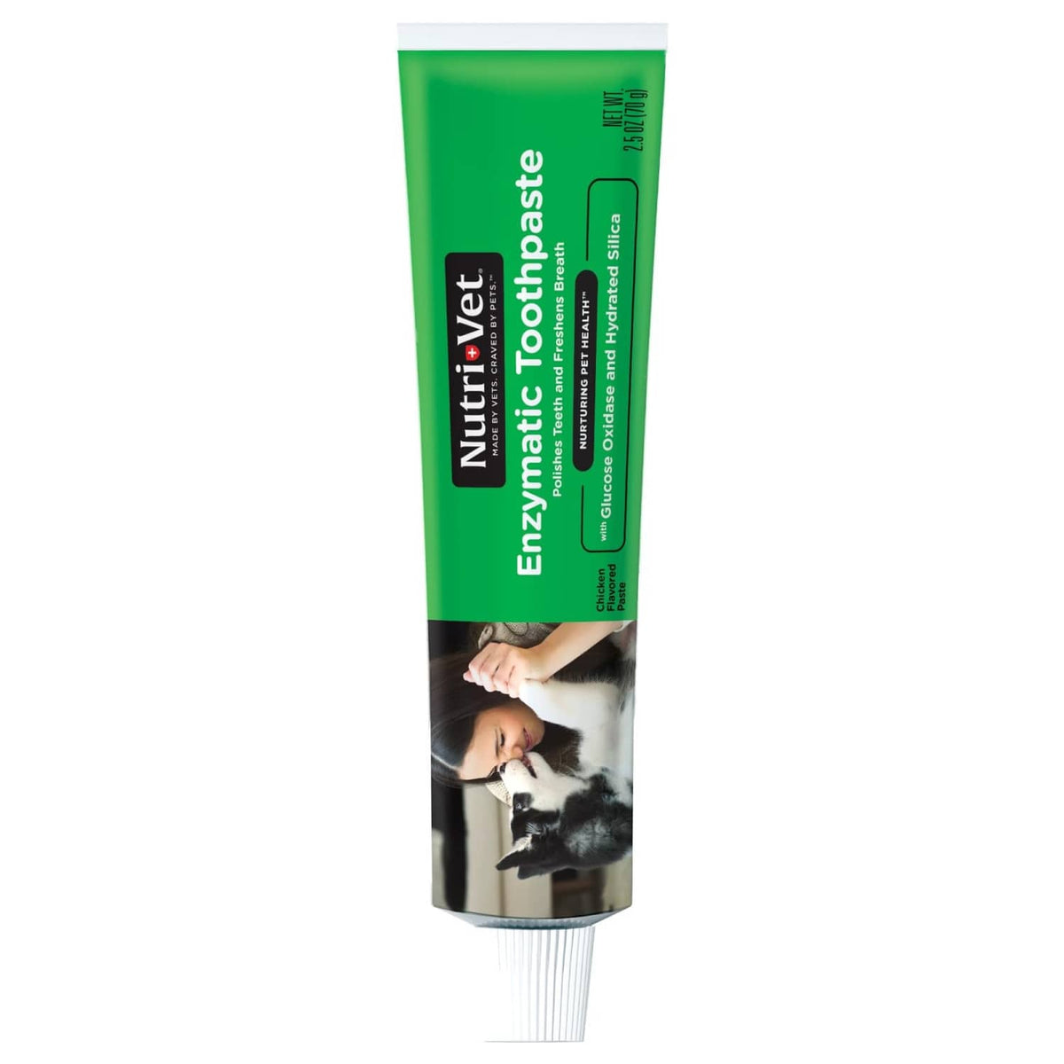 Green dog enzymatic toothpaste tube with label and nozzle tip