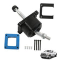 Manual short throw shifter assembly with black housing, silver rod, blue plate and bolts