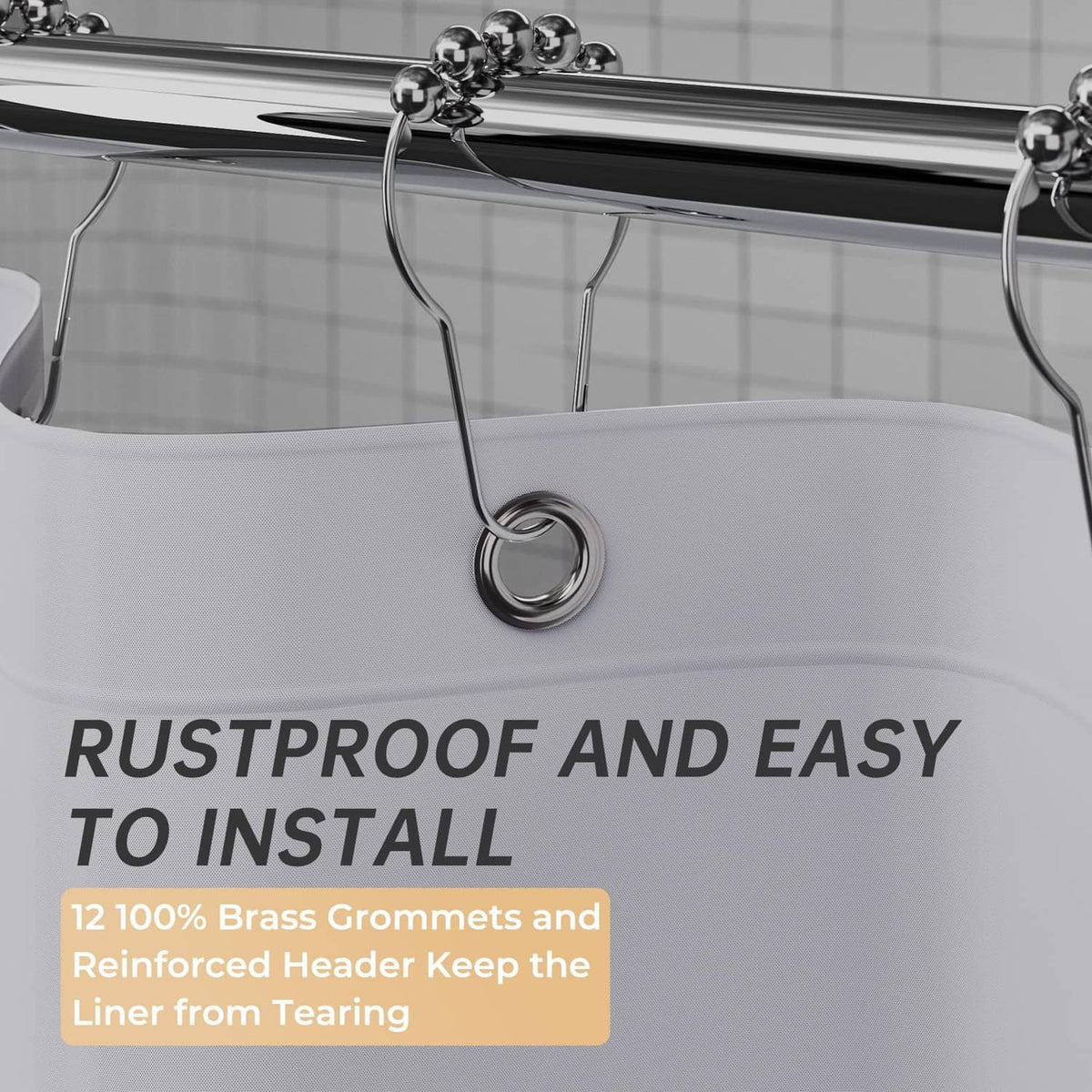 Grey shower curtain header with metal rings and grommets for easy hanging