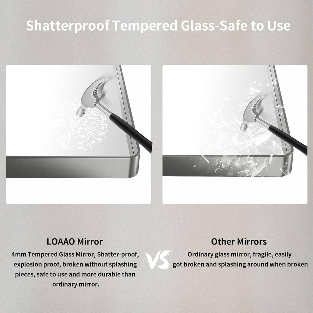 Shatter-resistant tempered glass bathroom mirror with brushed nickel frame and sealed glass edge