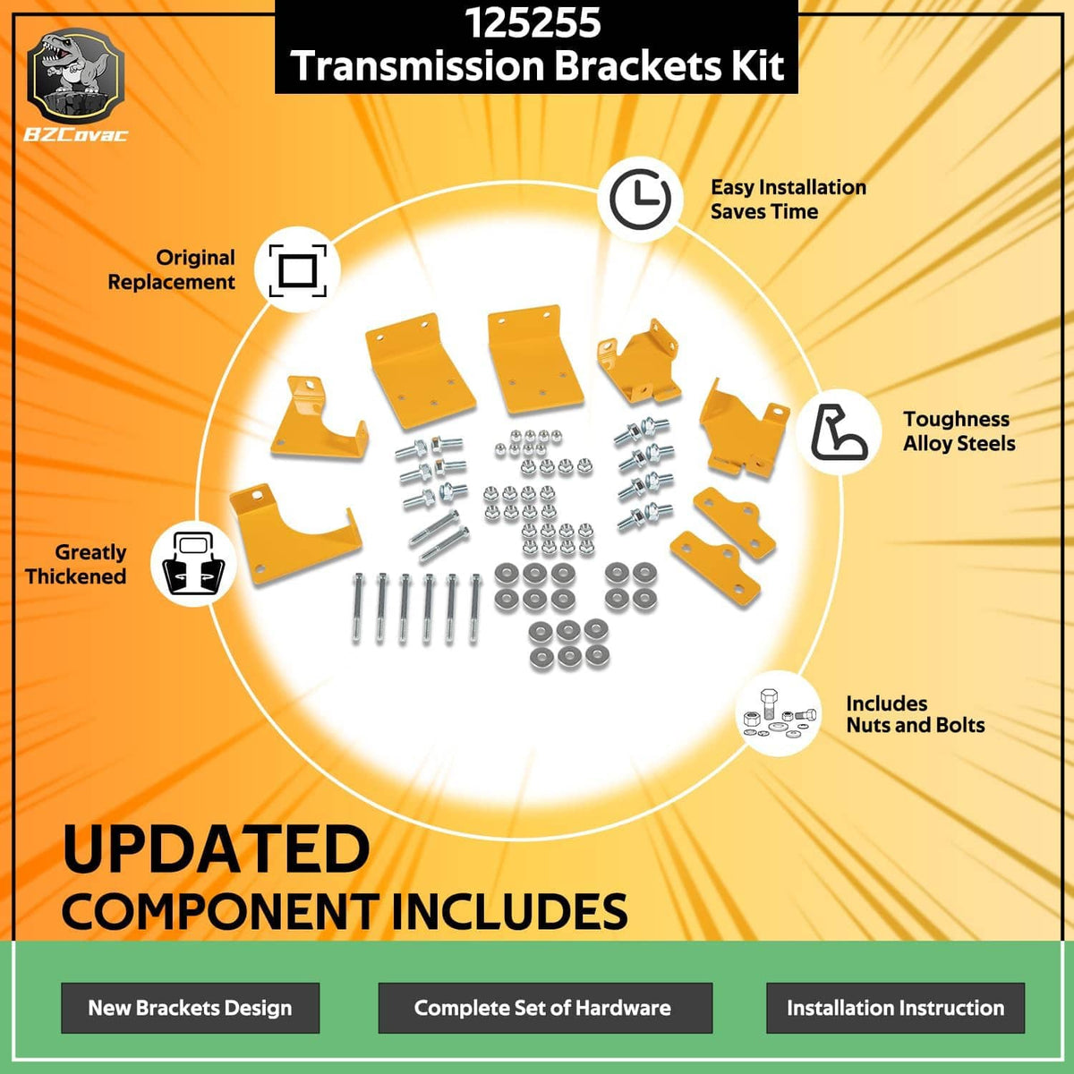 Transmission brackets kit components: yellow brackets, screws, nuts, and bolts set