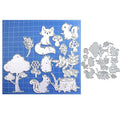 Forest animal metal die cuts sheet with white foxes, hedgehogs, trees, flowers