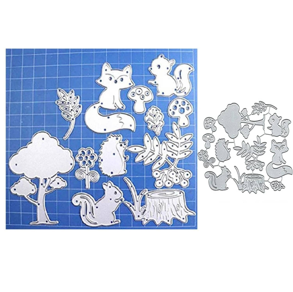 Forest animal metal die cuts sheet with white foxes, hedgehogs, trees, flowers