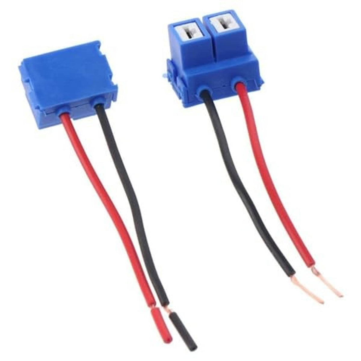 Two ceramic bulb socket connectors with blue housings and red/black wire ends