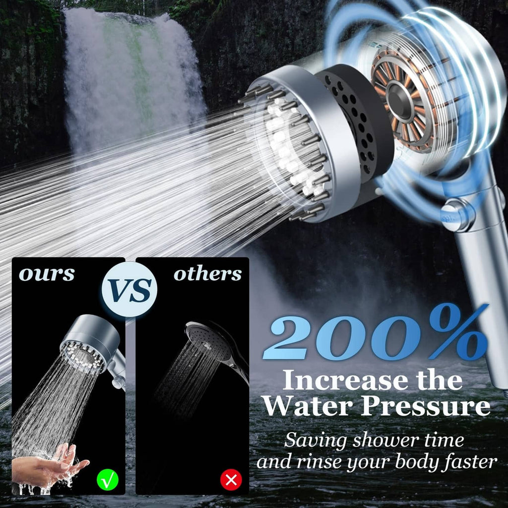 Filtered shower head delivering strong water stream through round spray face