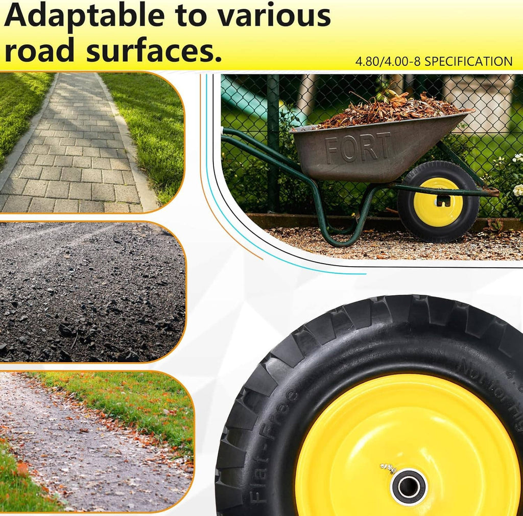 Solid wheelbarrow tire with yellow rim and black tread for different road surfaces