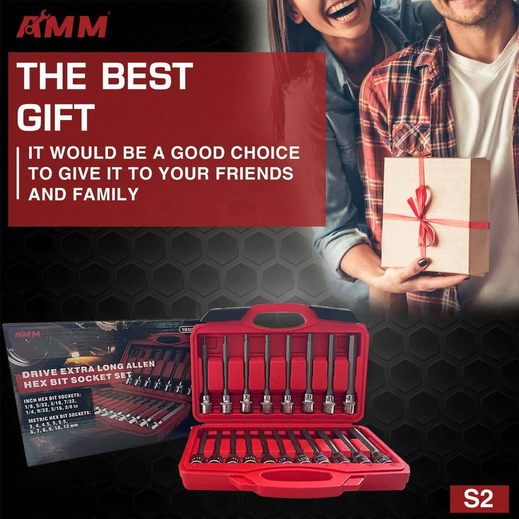 Red hex socket set in a closed storage case with assorted long Allen sockets.