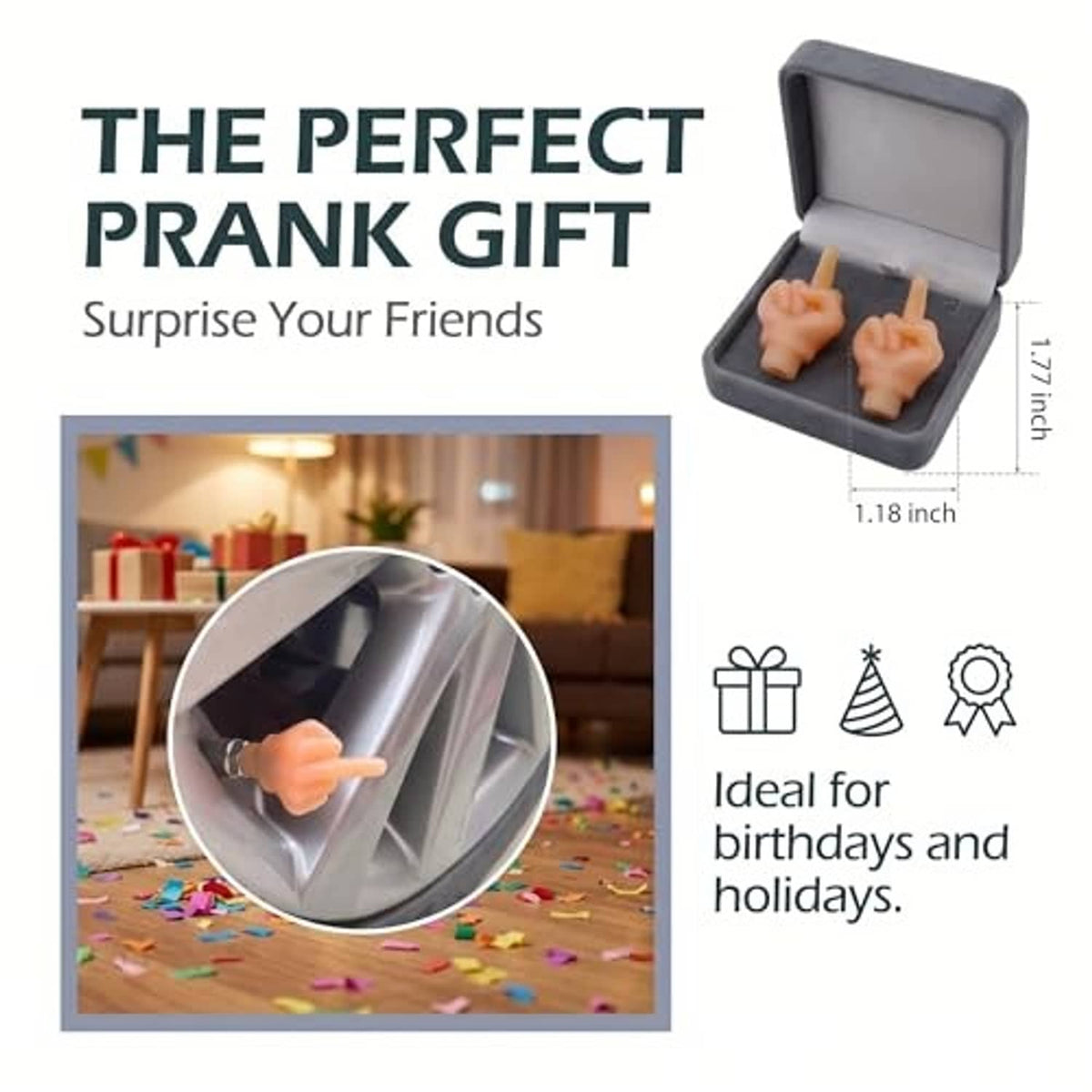 Orange middle-finger valve stem caps in an open gray gift box.
