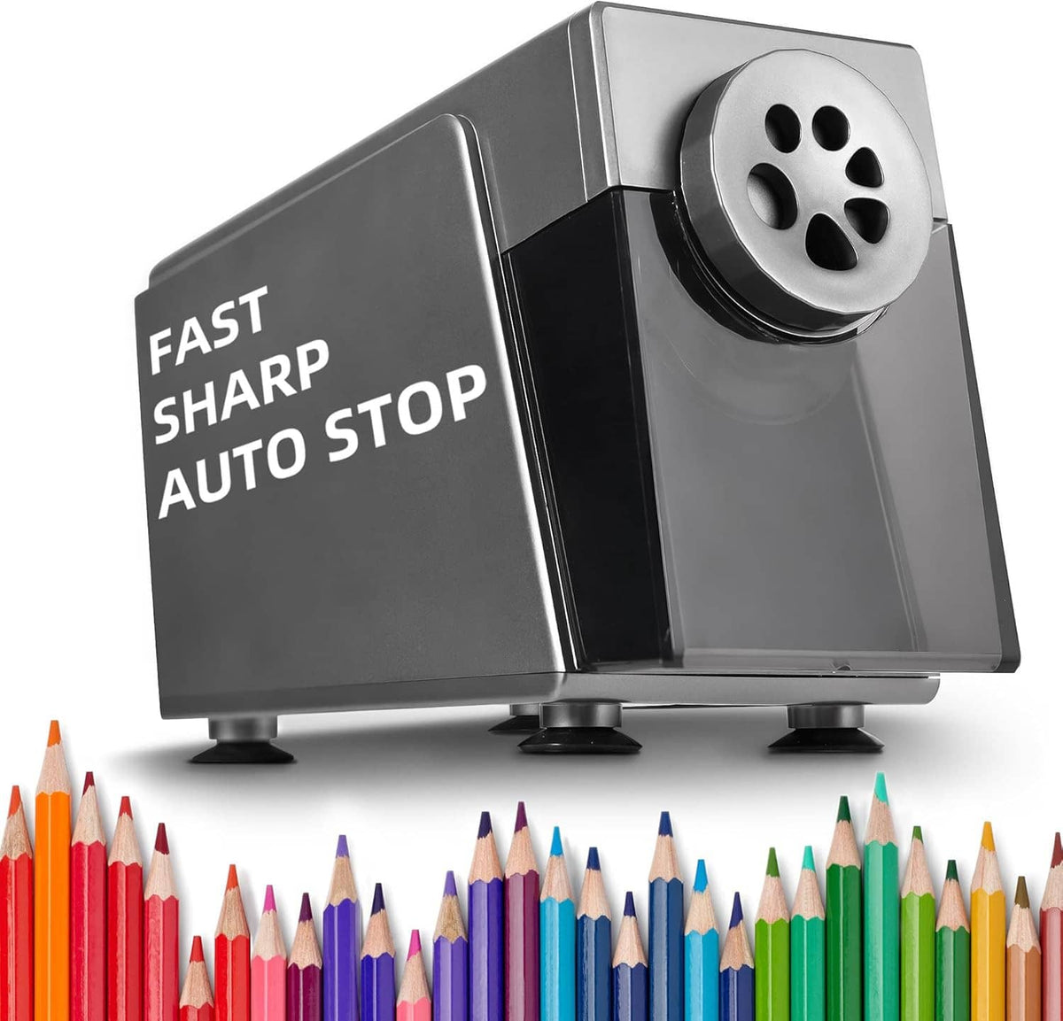 Close-up electric pencil sharpener with gray 6-hole drum and wide collection tray