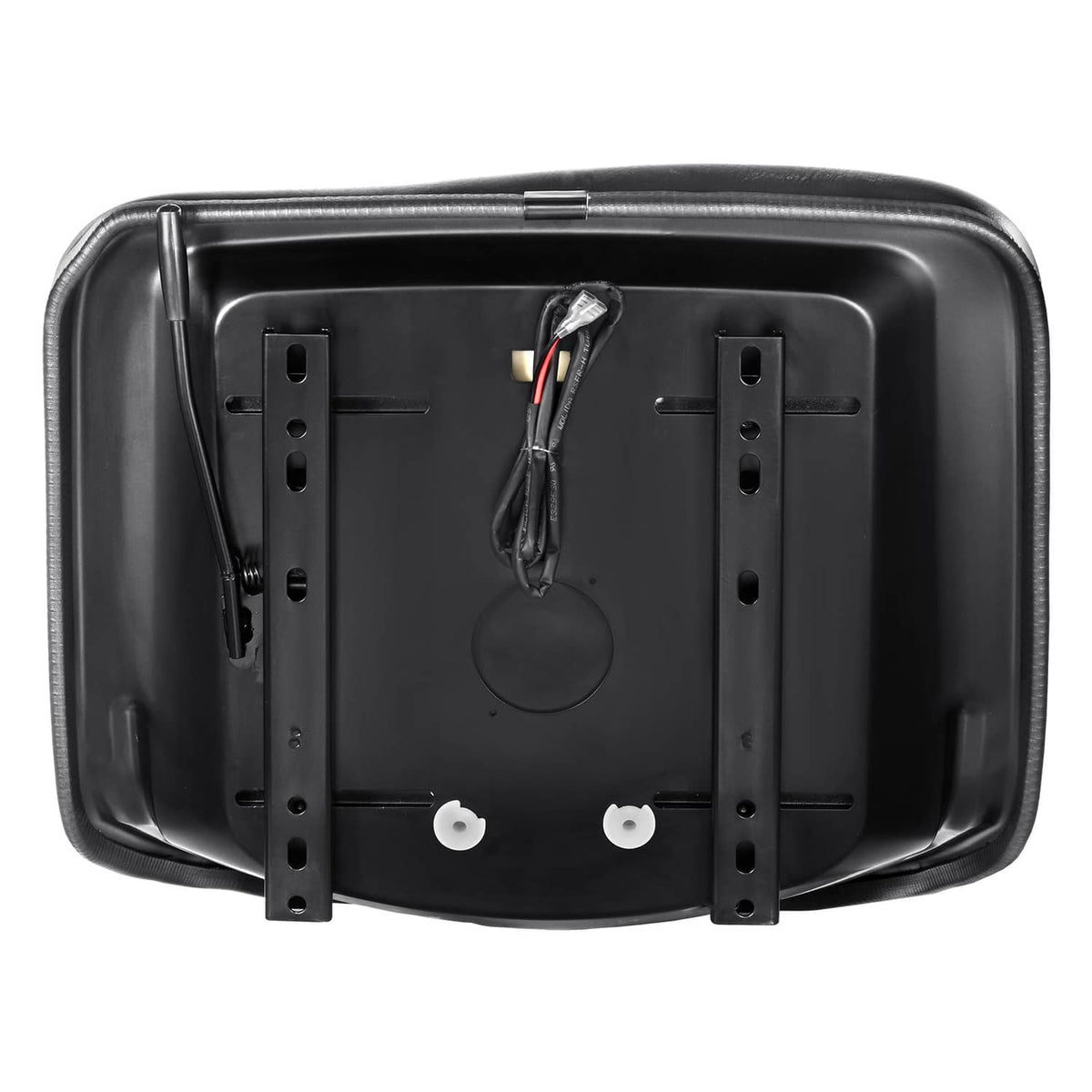 Universal black forklift tractor seat base with mounting brackets and micro switch wiring