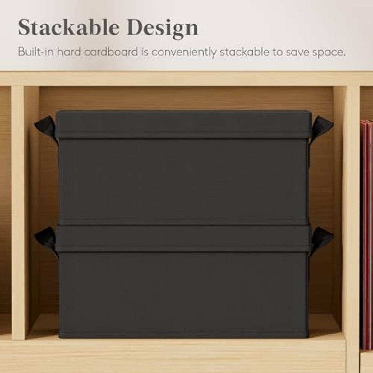 Two black stacked CD storage boxes placed on a shelf