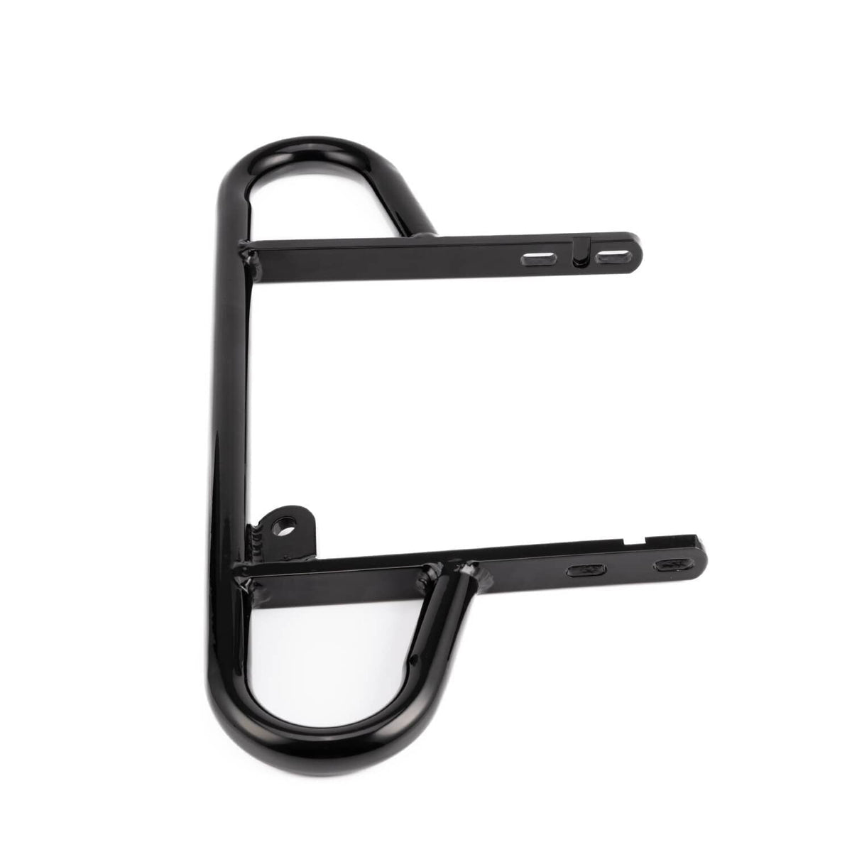Black ATV rear grab bar with U-shaped handhold and two horizontal mounting plates.