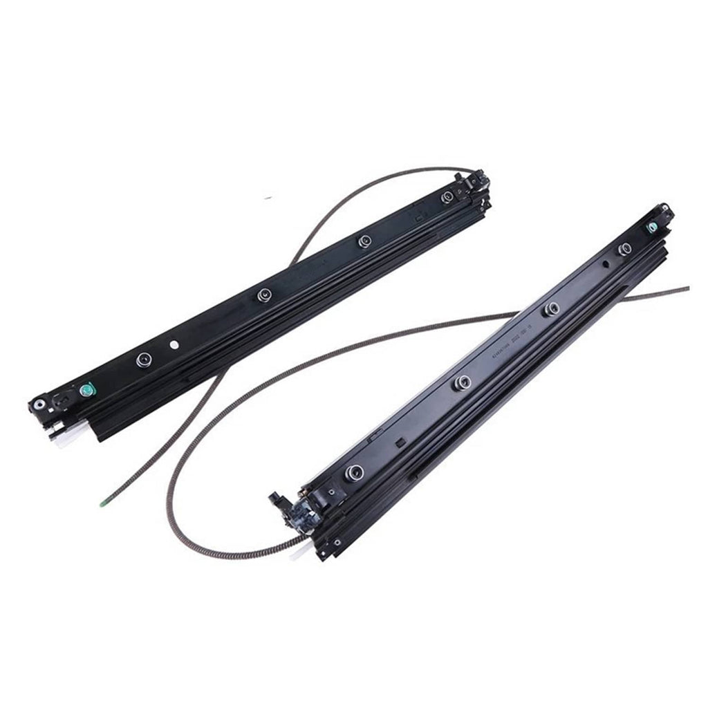 Pair of black car sunroof sliding tracks with wiring and mounting connectors