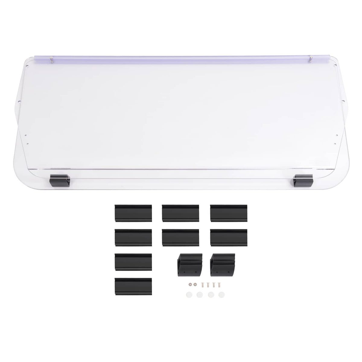 Clear vented golf cart windshield windscreen with mounting parts laid out below