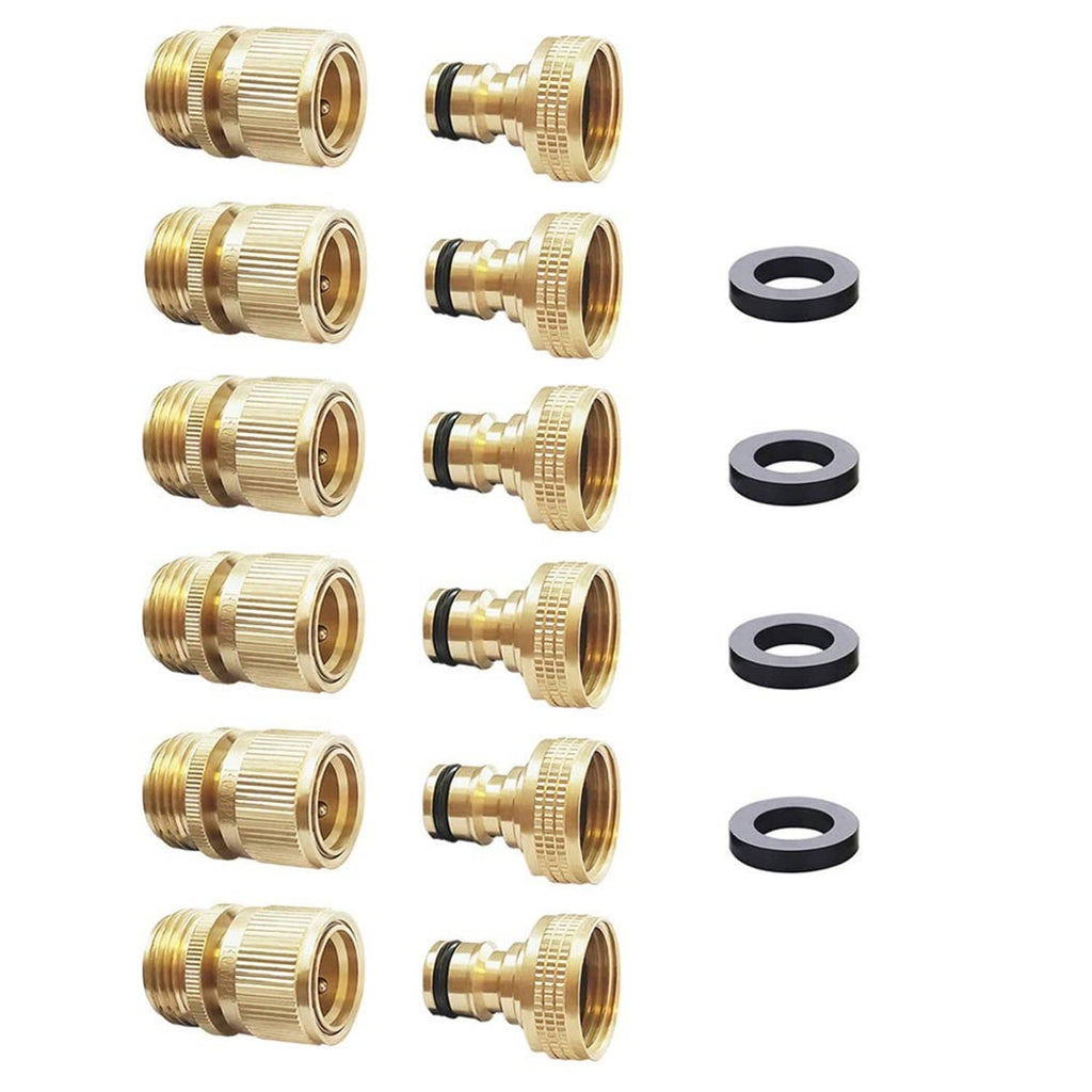 Set of brass garden hose quick-connect couplers with black rubber washers