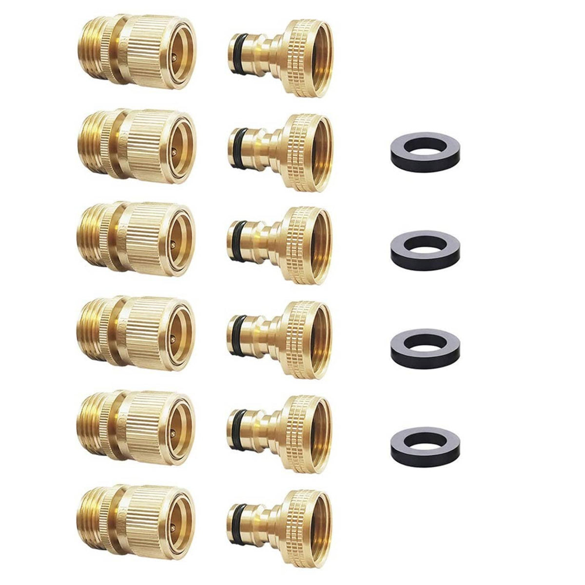 Set of brass garden hose quick-connect couplers with black rubber washers