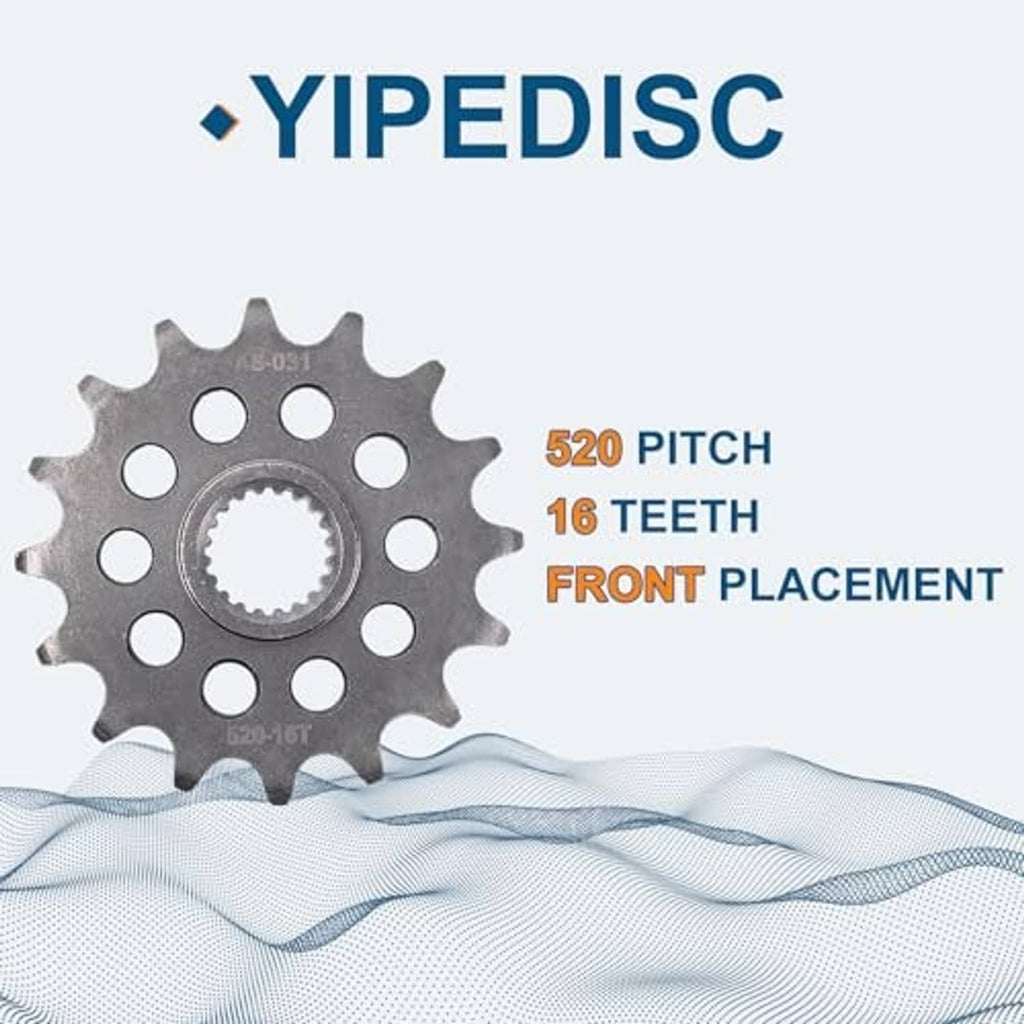 Front sprocket with 520 pitch and 16 teeth, gray metal sprocket with splined center.