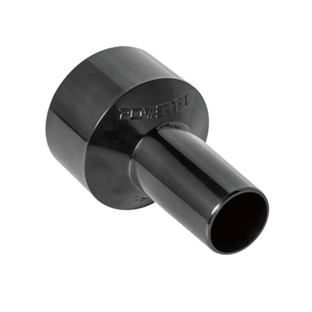 Black cylindrical hose reducer with smaller outlet end for 2-1/2 in to 1-1/4 in