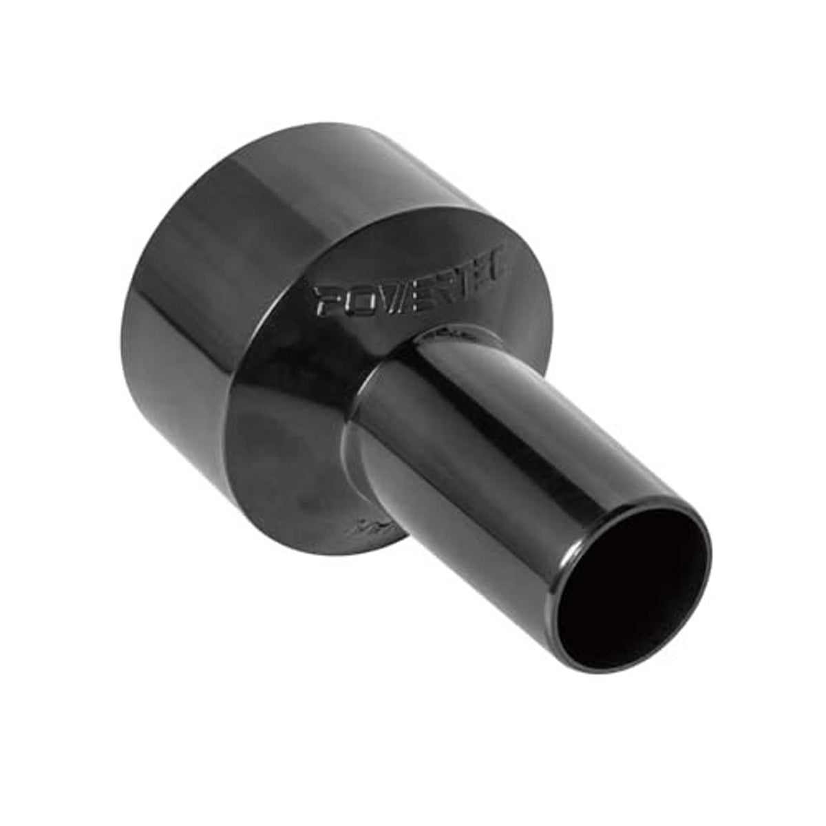 Black cylindrical hose reducer with smaller outlet end for 2-1/2 in to 1-1/4 in
