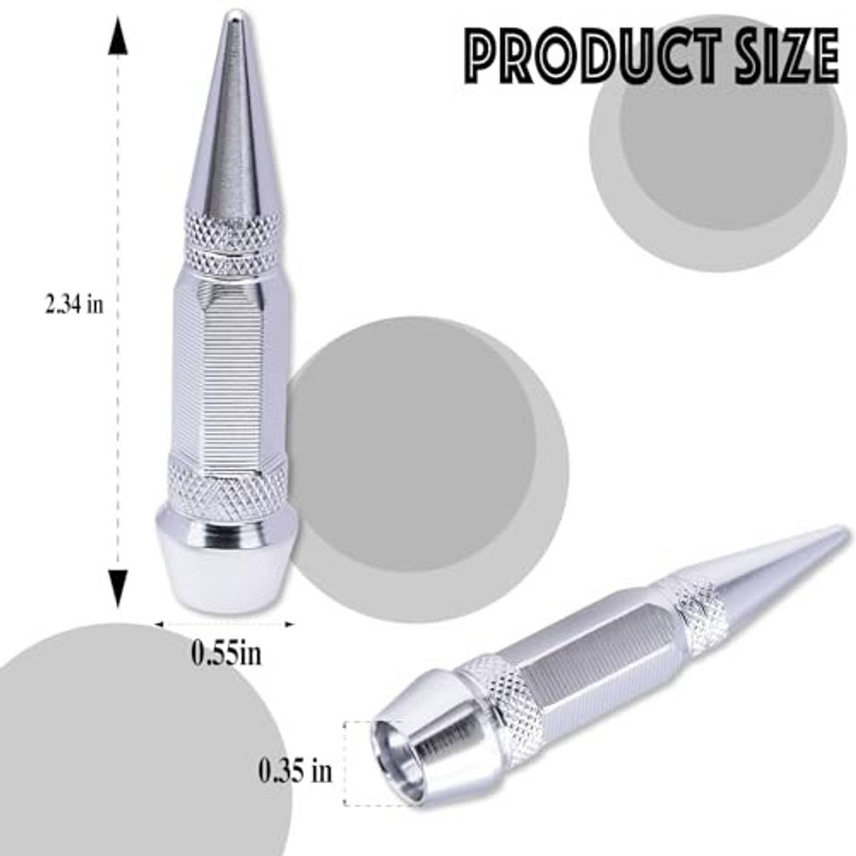 Spiked aluminum tire valve stem cap, silver, 60mm, ridged threaded grip