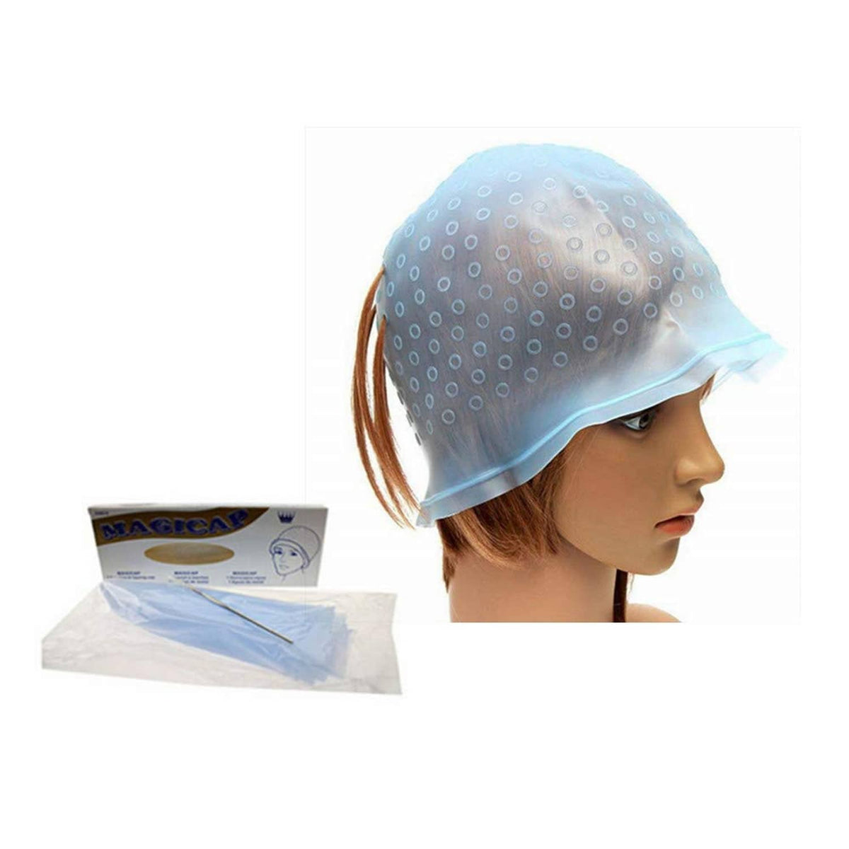Blue silicone highlighting cap with dotted holes on model, side/front view