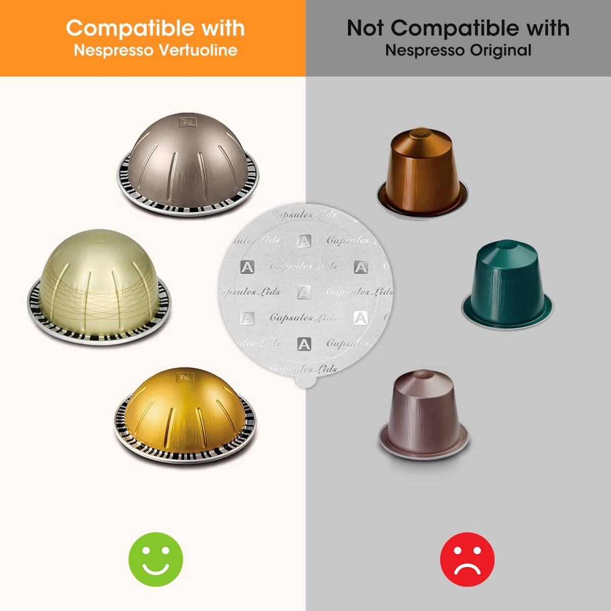 Set of round aluminum foil seal lids with different pod-cap color compatibility