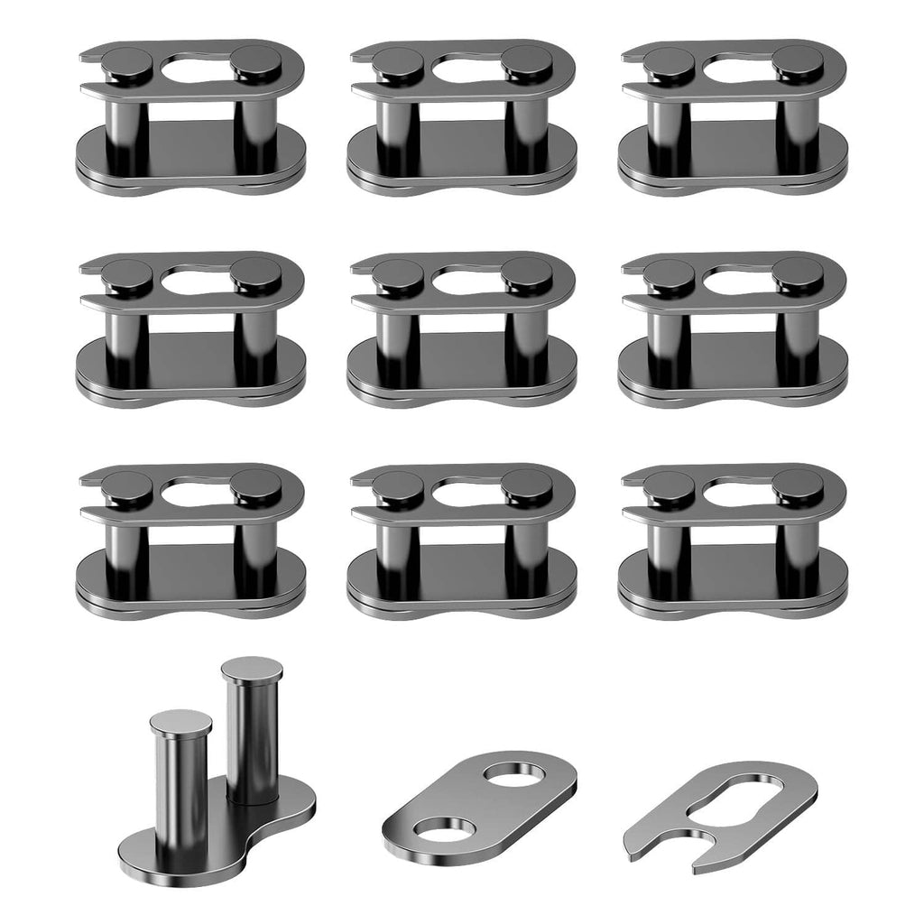 Metal roller chain master link connector, dark finish, shown from three angles
