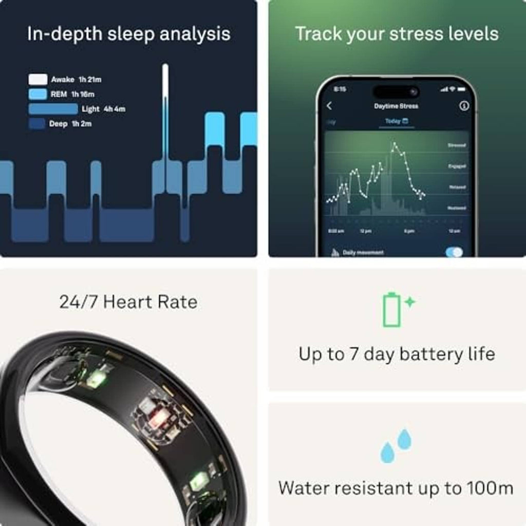 Oura black smart ring close-up with health app graphs and battery/water icons