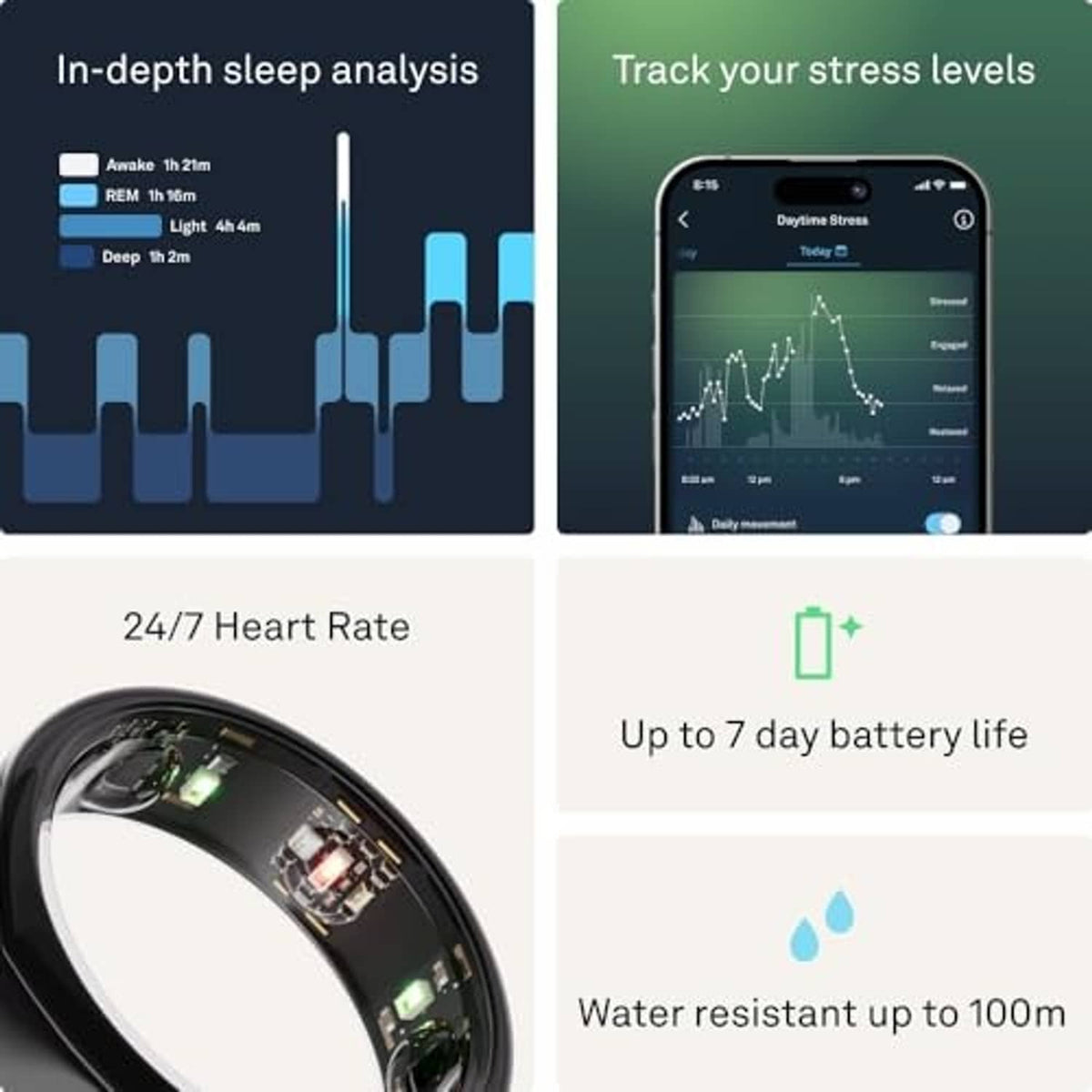 Oura black smart ring close-up with health app graphs and battery/water icons