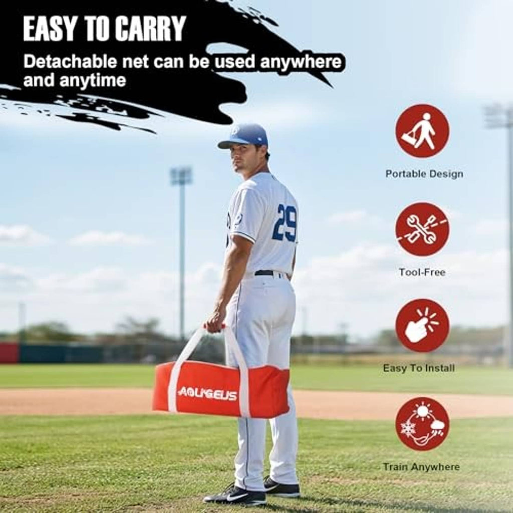 Portable baseball pitching target net stored in a red carrying bag with logo.