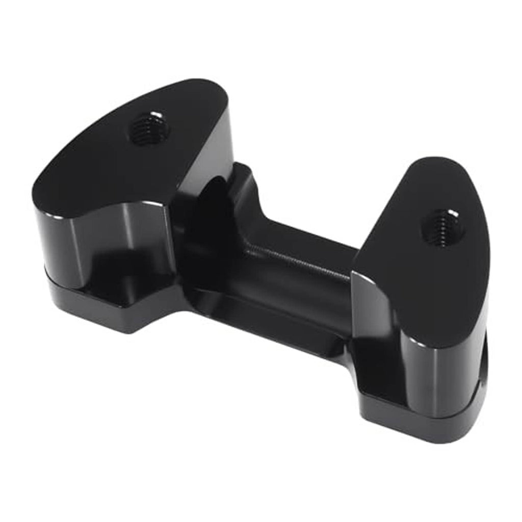 Black handlebar riser top clamp bracket with two threaded holes and curved base plates