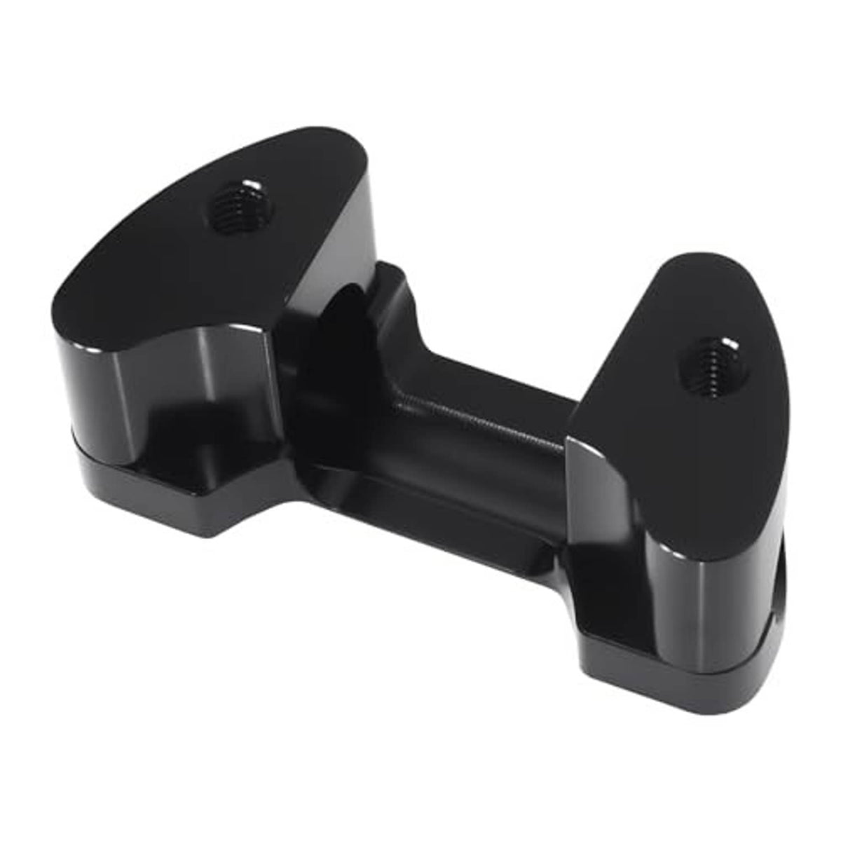 Black handlebar riser top clamp bracket with two threaded holes and curved base plates
