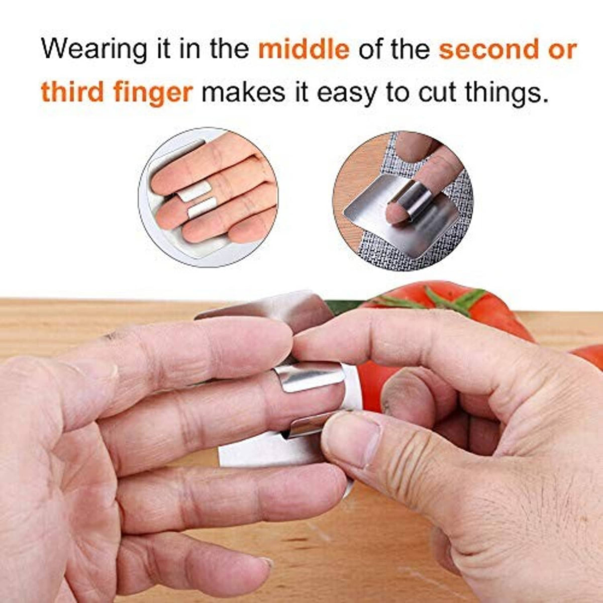 Stainless steel finger guard protector being fitted on a finger for cutting