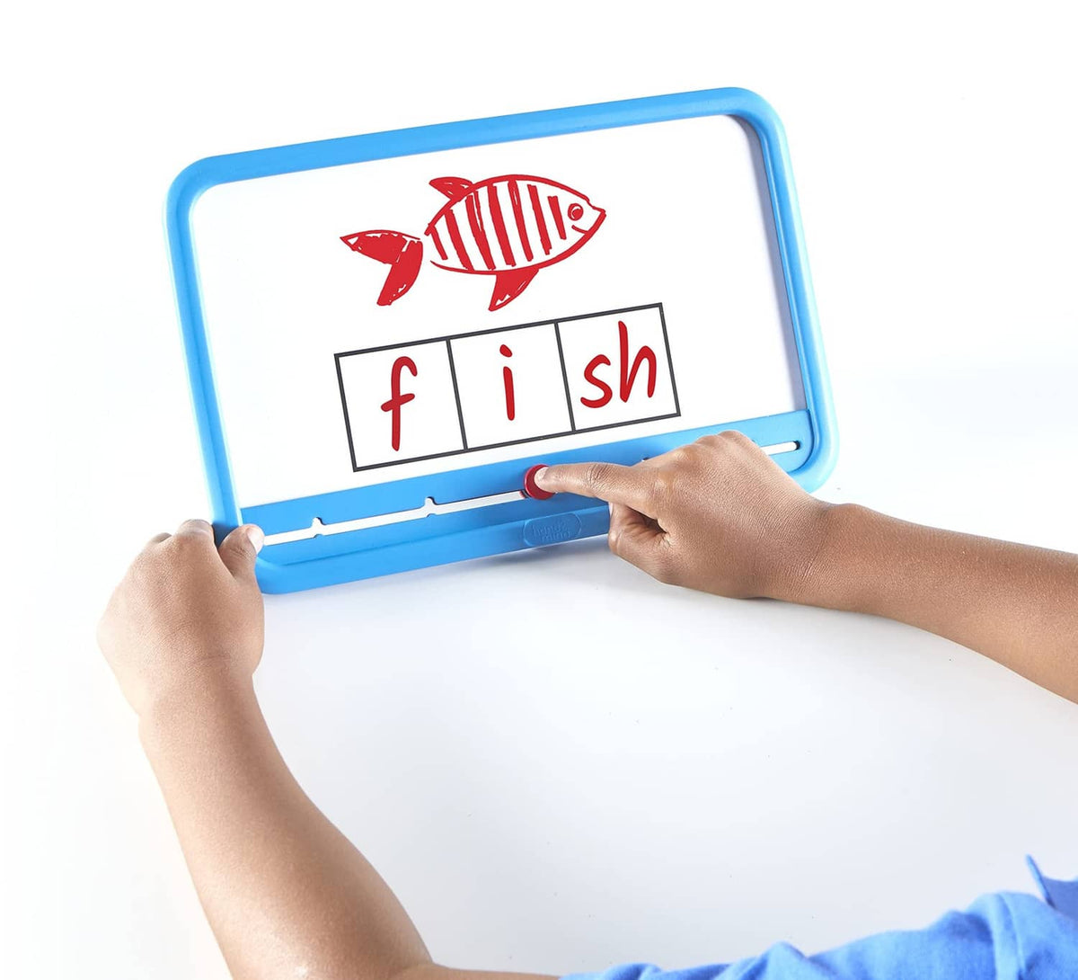 Blue magnetic dry-erase Elkonin board with fish spelling segments and slider