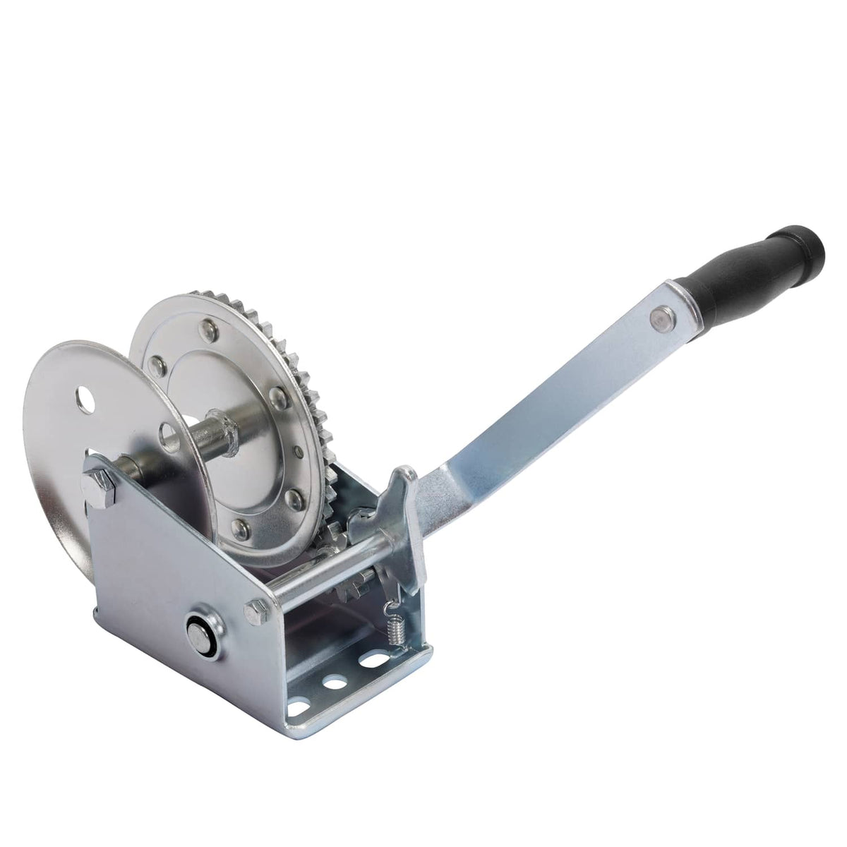 Horizontal hand ratchet winch with galvanized frame, drum gears, and black crank handle