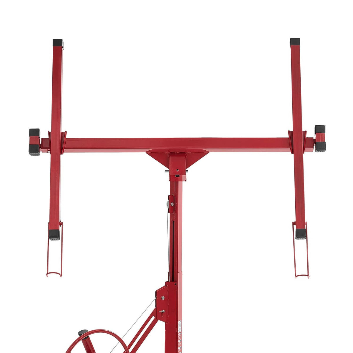 Red drywall lifter hoist with adjustable arm frame and stabilizer supports
