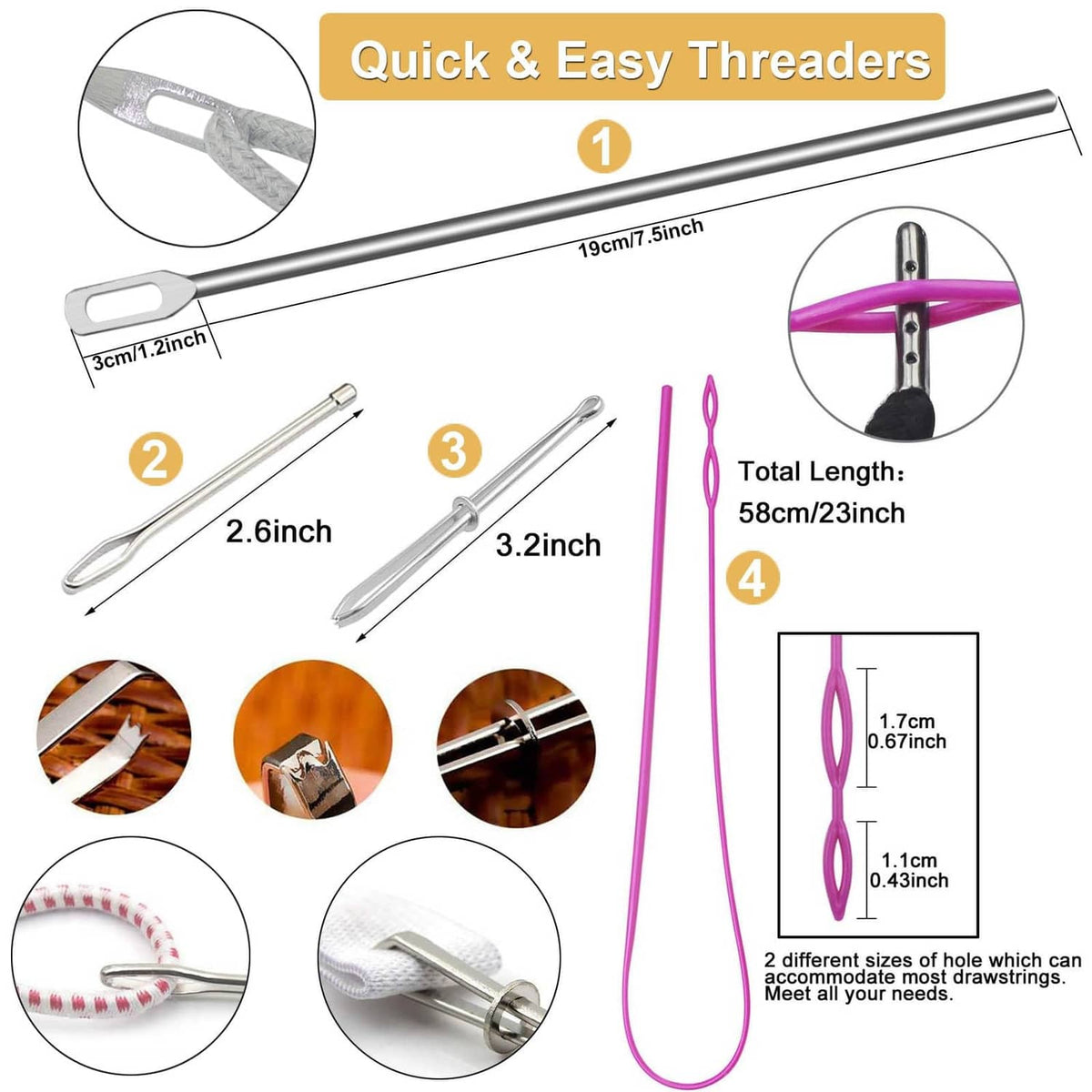 Drawstring cord replacement kit with long cords and metal threading needles