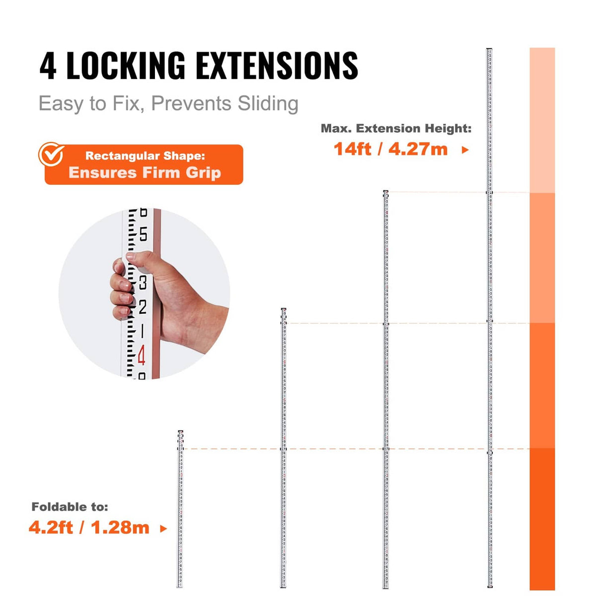 Extended telescopic measuring rod with locking sections and vertical scale